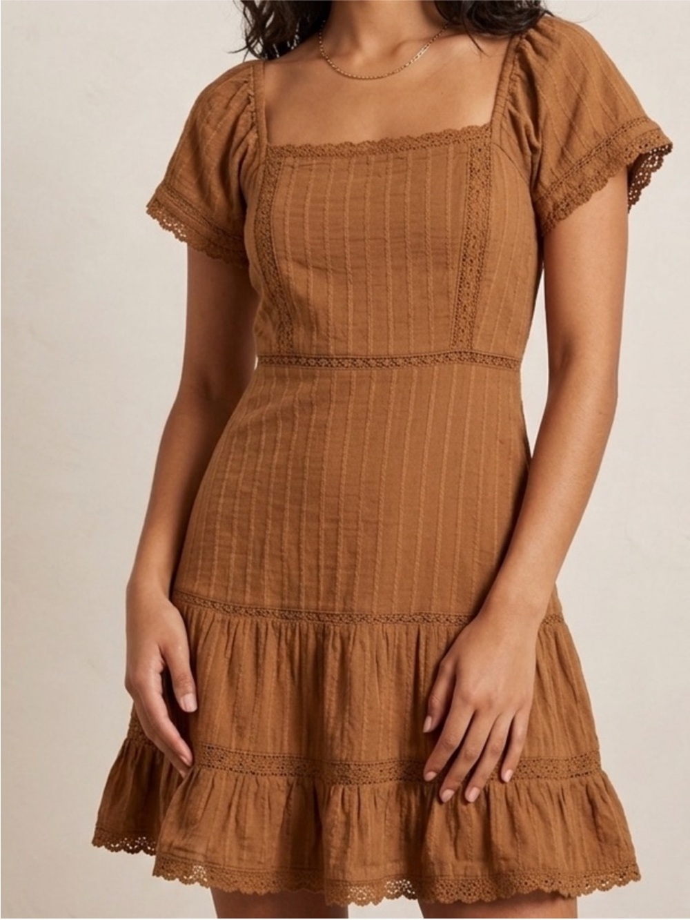 American Eagle Outfitters Brown Lace-Trim Square Neck Mini Dress